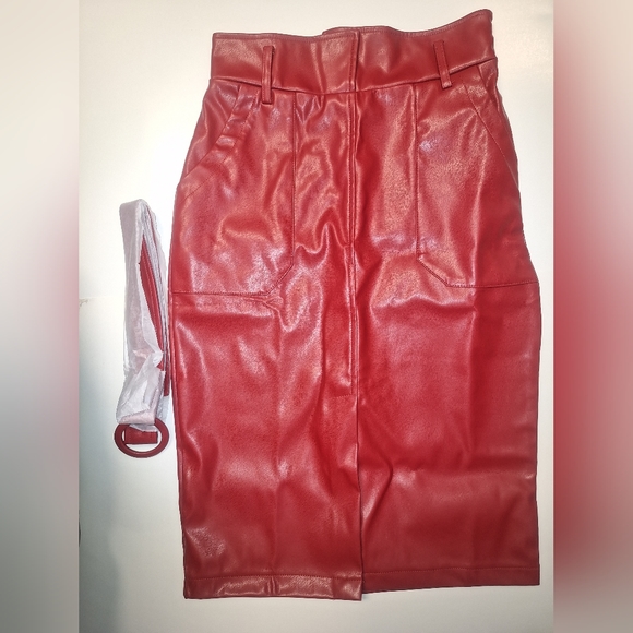 Red faux leather slim fit pencil skirt with belt - Picture 1 of 1